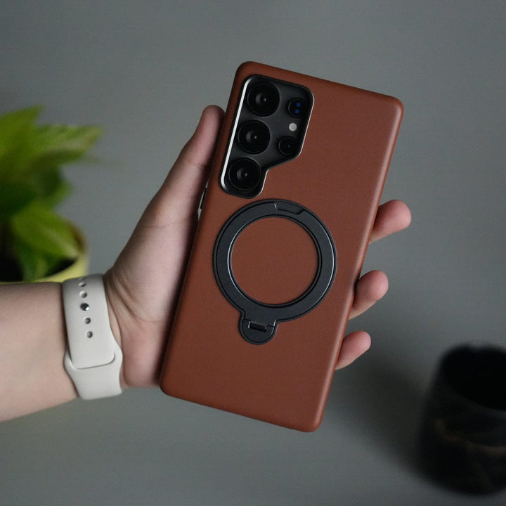 FRATO Samsung S25U Galaxy S25 Ultra PU Leather Case with Metal Camera Frame &amp; 360° Rotating Metal Stand