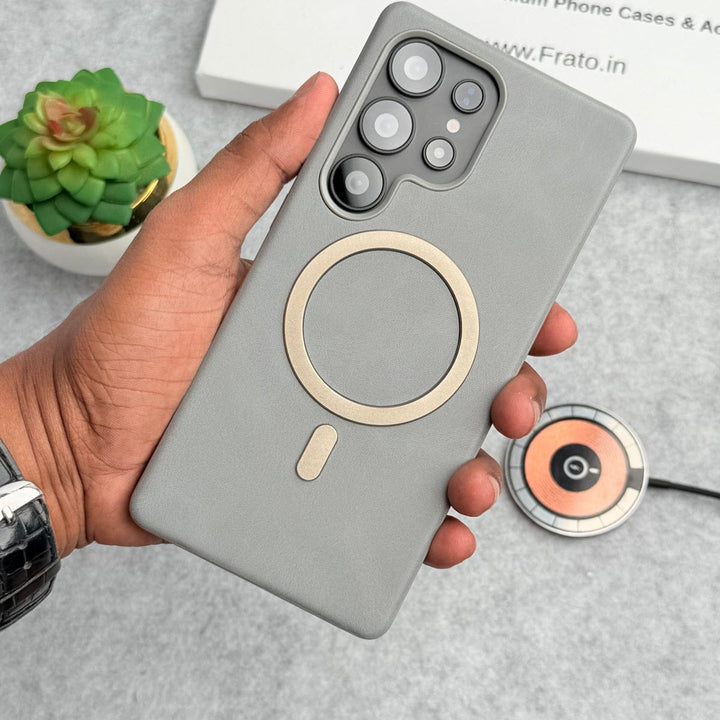 FRATO Samsung S25U Galaxy S25 Ultra / Titanium Gray Samsung Galaxy Ultra Series Premium PU Leather Metal MagSafe Ring Case