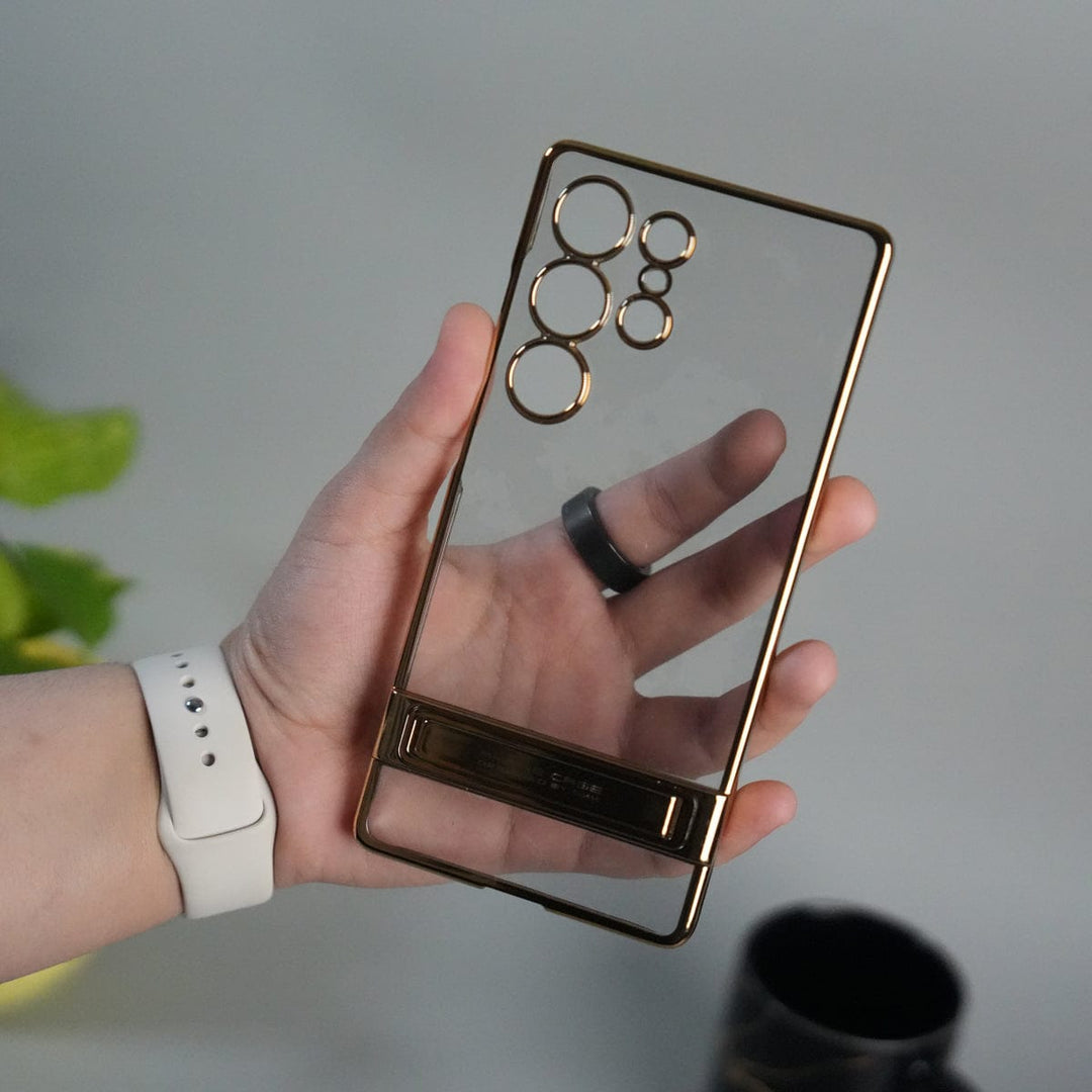 FRATO Samsung S25U Golden Galaxy S25 Ultra Chrome Plated Transparent Case with Built-in Kickstand | Metallic Frame | Slim Shockproof Cover