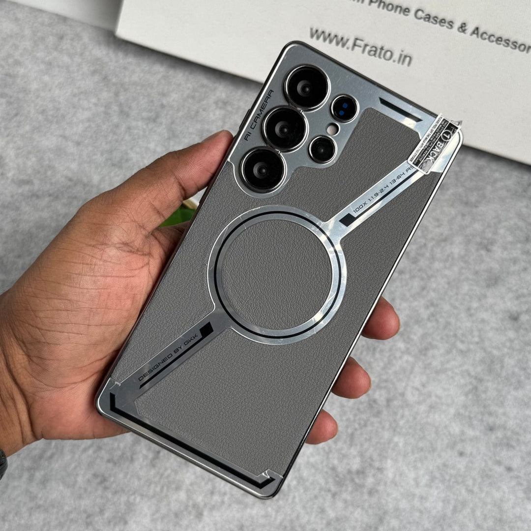 FRATO Samsung S25U Gray Samsung Galaxy S25 Ultra Z Shape Electroplated Magnetic PU Leather Wireless Charging Case Cover