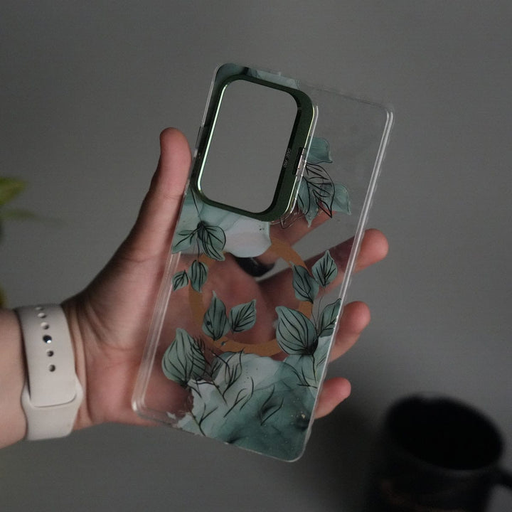 FRATO Samsung S25U Green Galaxy S25 Ultra FloraCrystal Clear Floral Design Case with Color Metal Camera Stand Frame