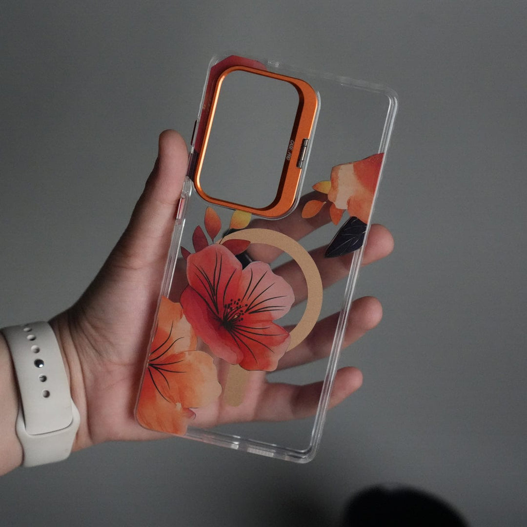 FRATO Samsung S25U Orange Galaxy S25 Ultra FloraCrystal Clear Floral Design Case with Color Metal Camera Stand Frame