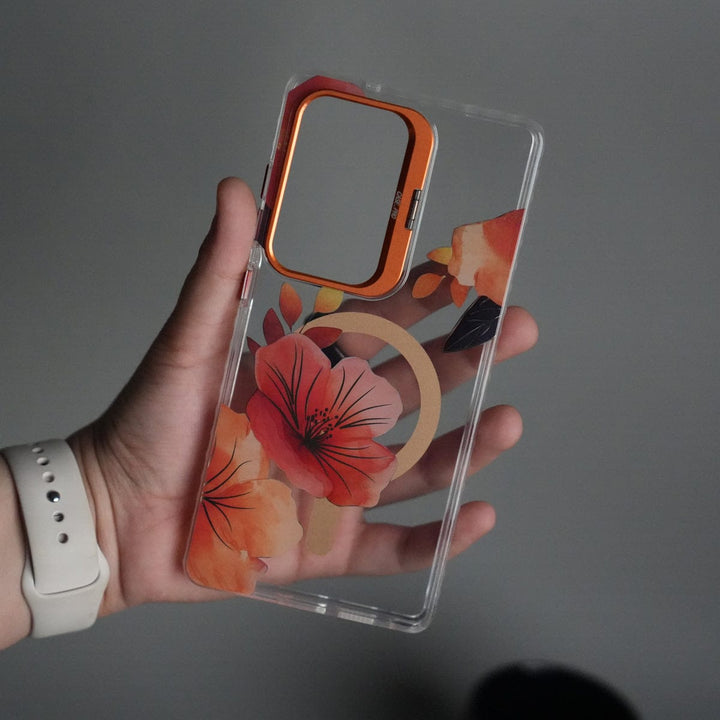FRATO Samsung S25U Orange Galaxy S25 Ultra FloraCrystal Clear Floral Design Case with Color Metal Camera Stand Frame