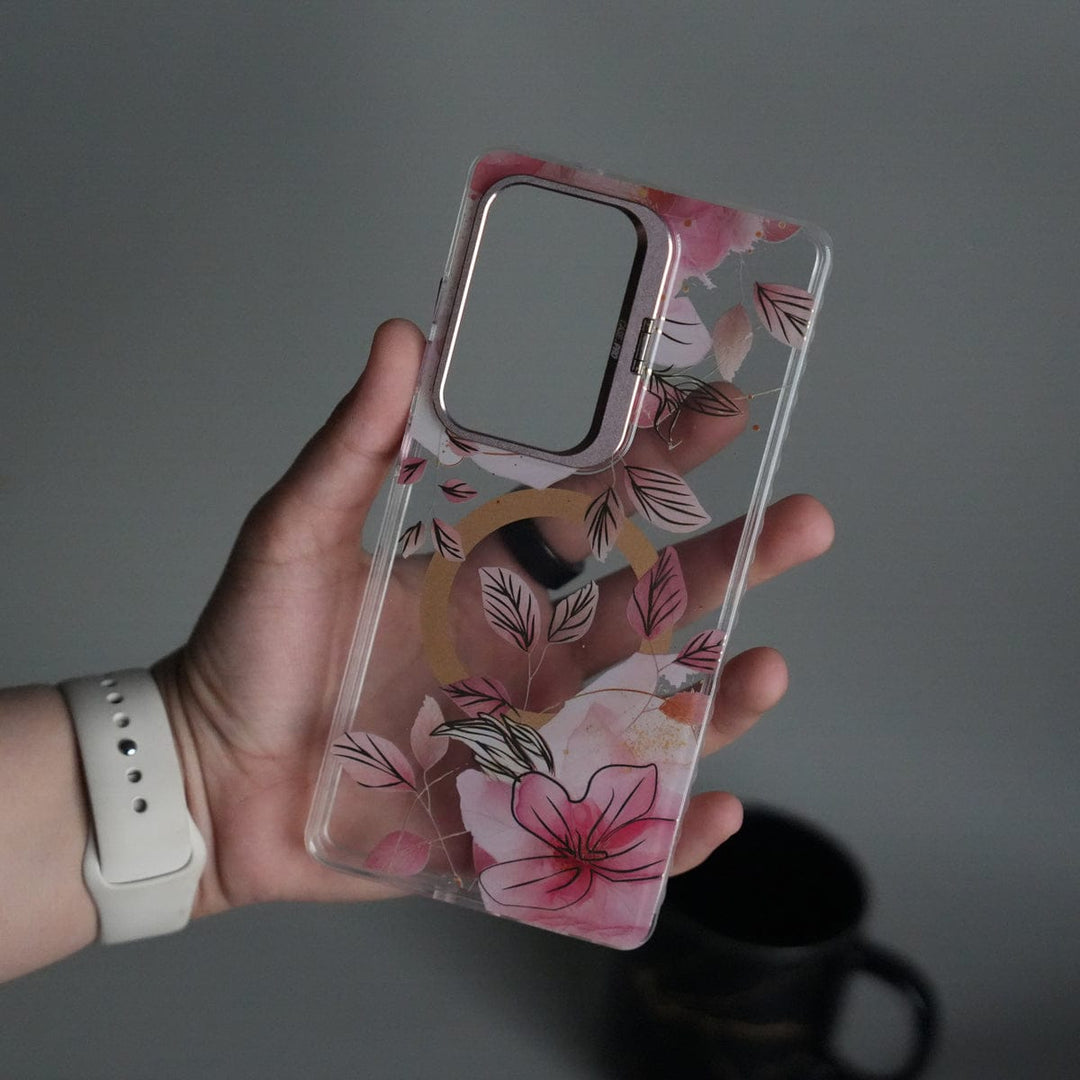 FRATO Samsung S25U Pink Galaxy S25 Ultra FloraCrystal Clear Floral Design Case with Color Metal Camera Stand Frame