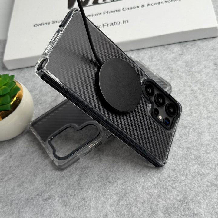 FRATO Samsung S25U Samsung Galaxy S25 Ultra Carbon Texture Transparent Metal Camera Ring MagSafe Cover