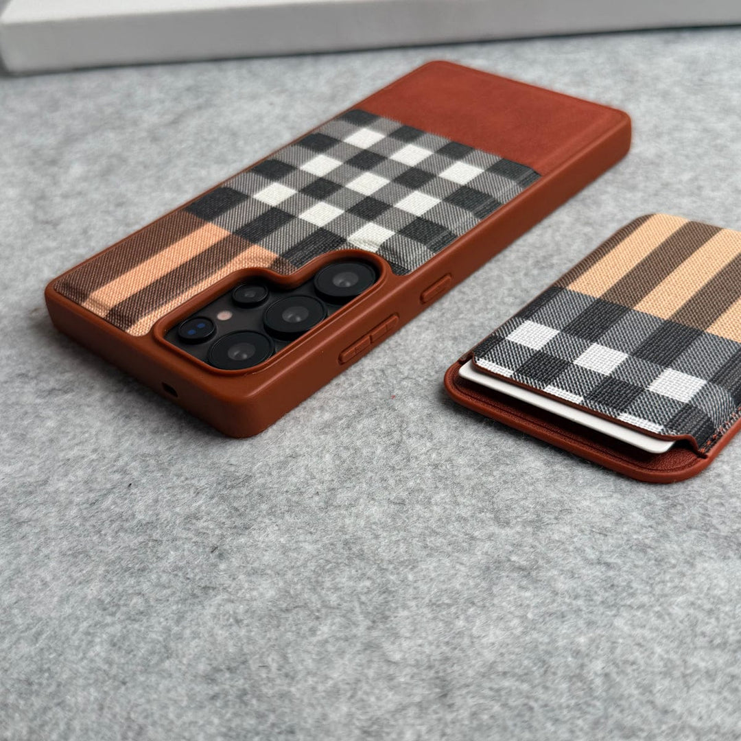 FRATO Samsung S25U Samsung Galaxy S25 Ultra Checks Leather Case With Detachable Magnetic Magsafe Card Holder Cover