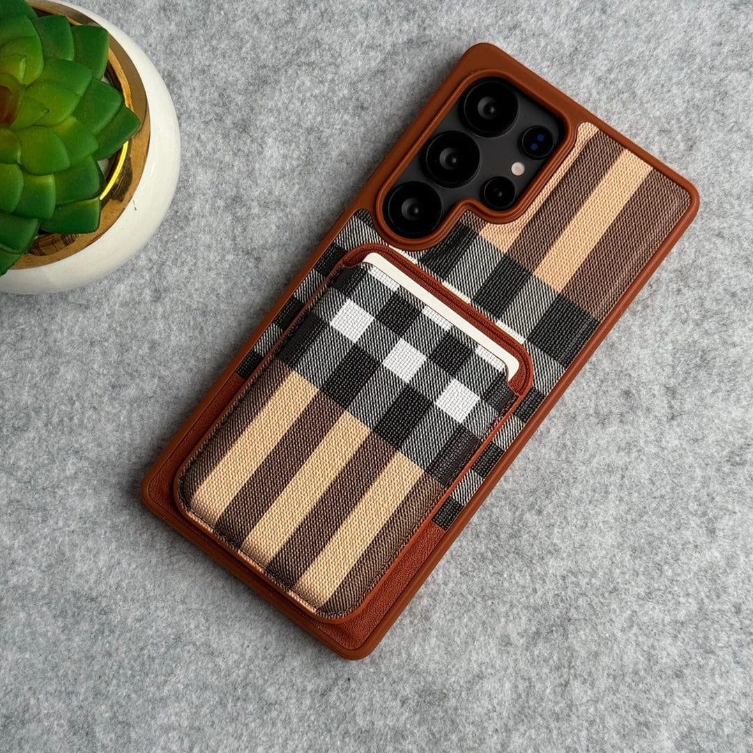 FRATO Samsung S25U Samsung Galaxy S25 Ultra Checks Leather Case With Detachable Magnetic Magsafe Card Holder Cover