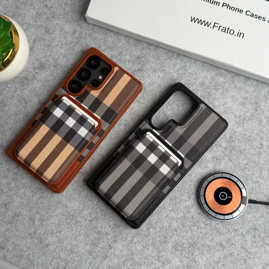 FRATO Samsung S25U Samsung Galaxy S25 Ultra Checks Leather Case With Detachable Magnetic Magsafe Card Holder Cover