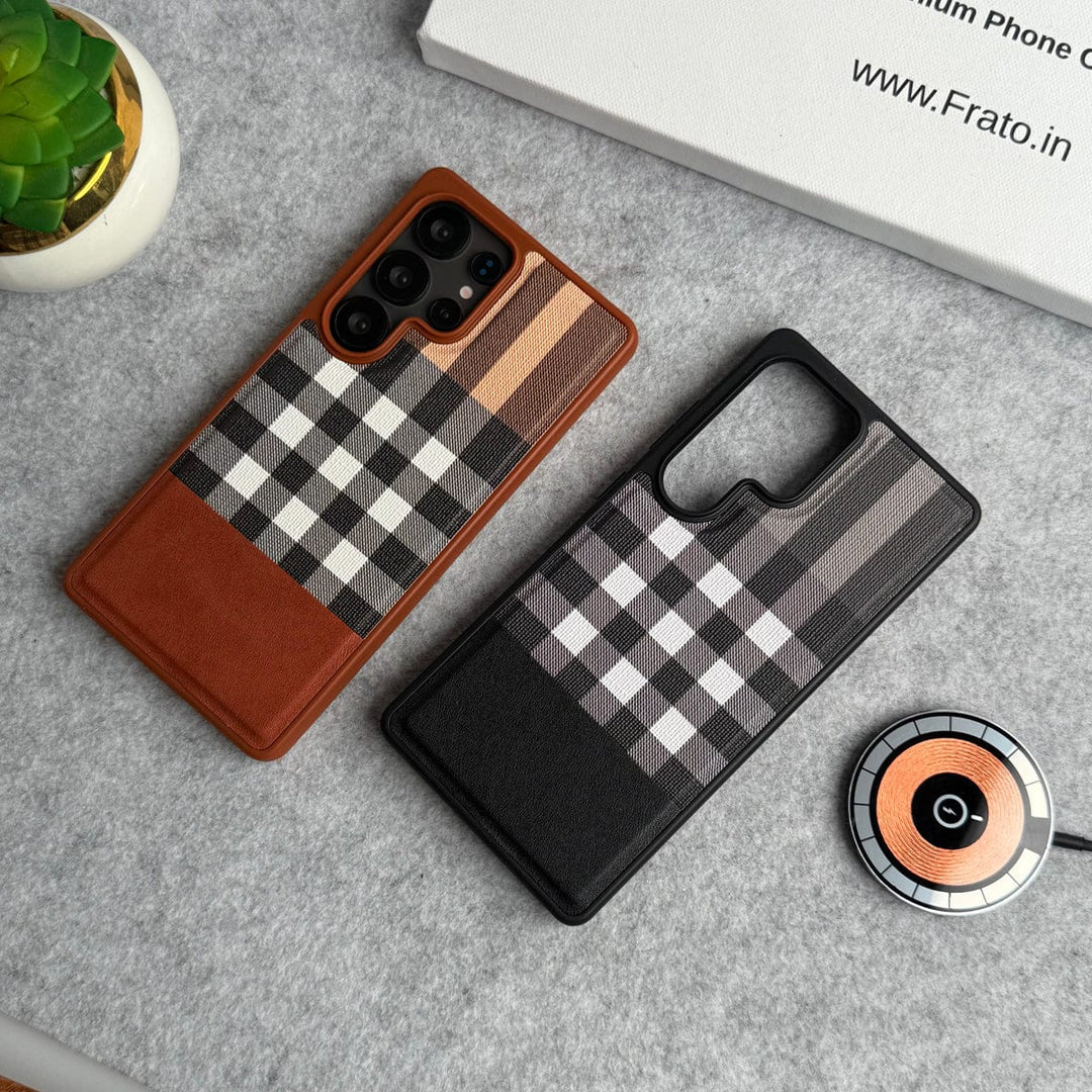 FRATO Samsung S25U Samsung Galaxy S25 Ultra Checks Leather Case With Detachable Magnetic Magsafe Card Holder Cover