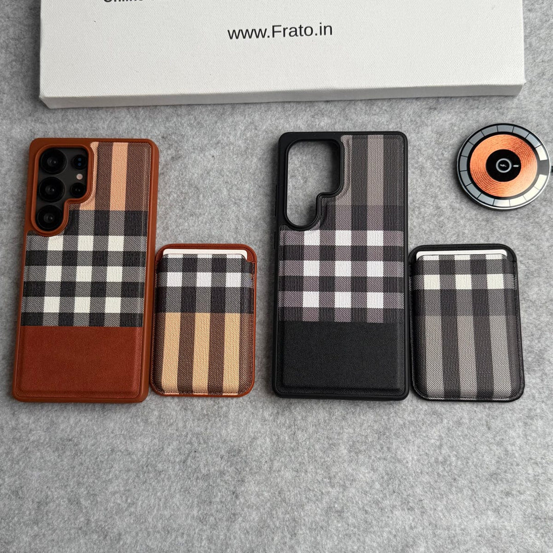 FRATO Samsung S25U Samsung Galaxy S25 Ultra Checks Leather Case With Detachable Magnetic Magsafe Card Holder Cover