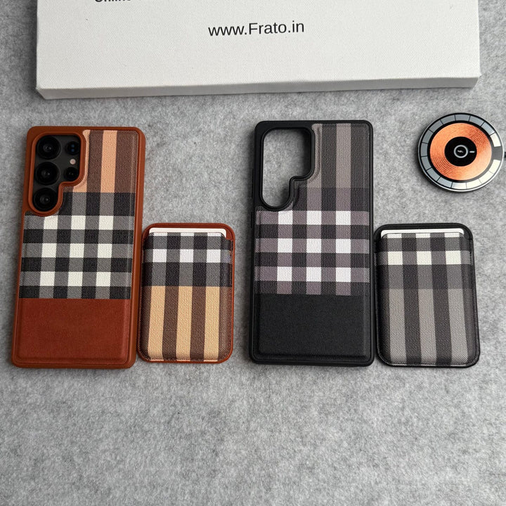 FRATO Samsung S25U Samsung Galaxy S25 Ultra Checks Leather Case With Detachable Magnetic Magsafe Card Holder Cover