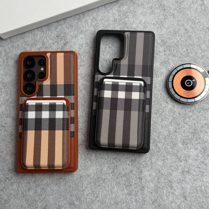 FRATO Samsung S25U Samsung Galaxy S25 Ultra Checks Leather Case With Detachable Magnetic Magsafe Card Holder Cover