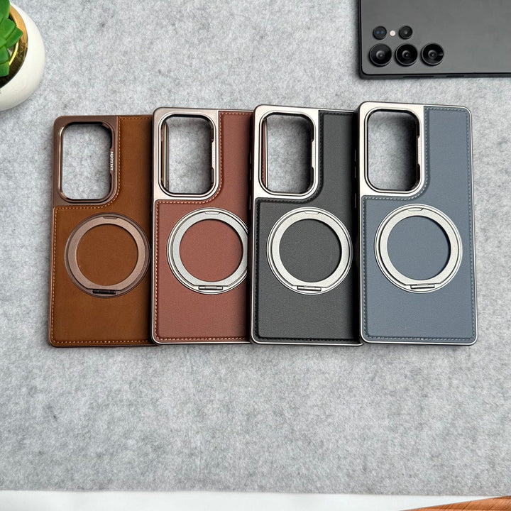 FRATO Samsung S25U Samsung Galaxy S25 Ultra Leather Mate Chrome Plated Rotating Stand Case Cover