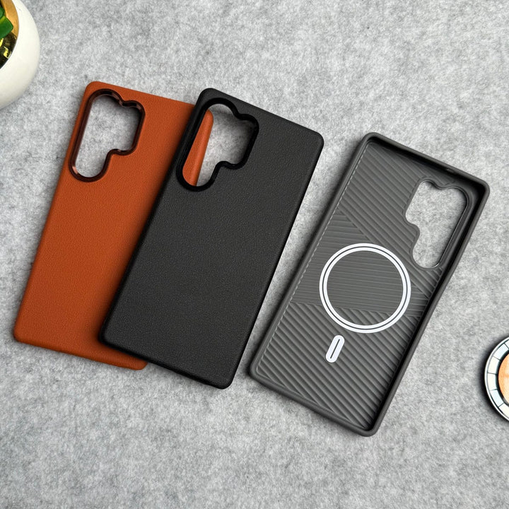 FRATO Samsung S25U Samsung Galaxy S25 Ultra Leather Texture Design MagSafe PVC Case With Metal Camera Bump