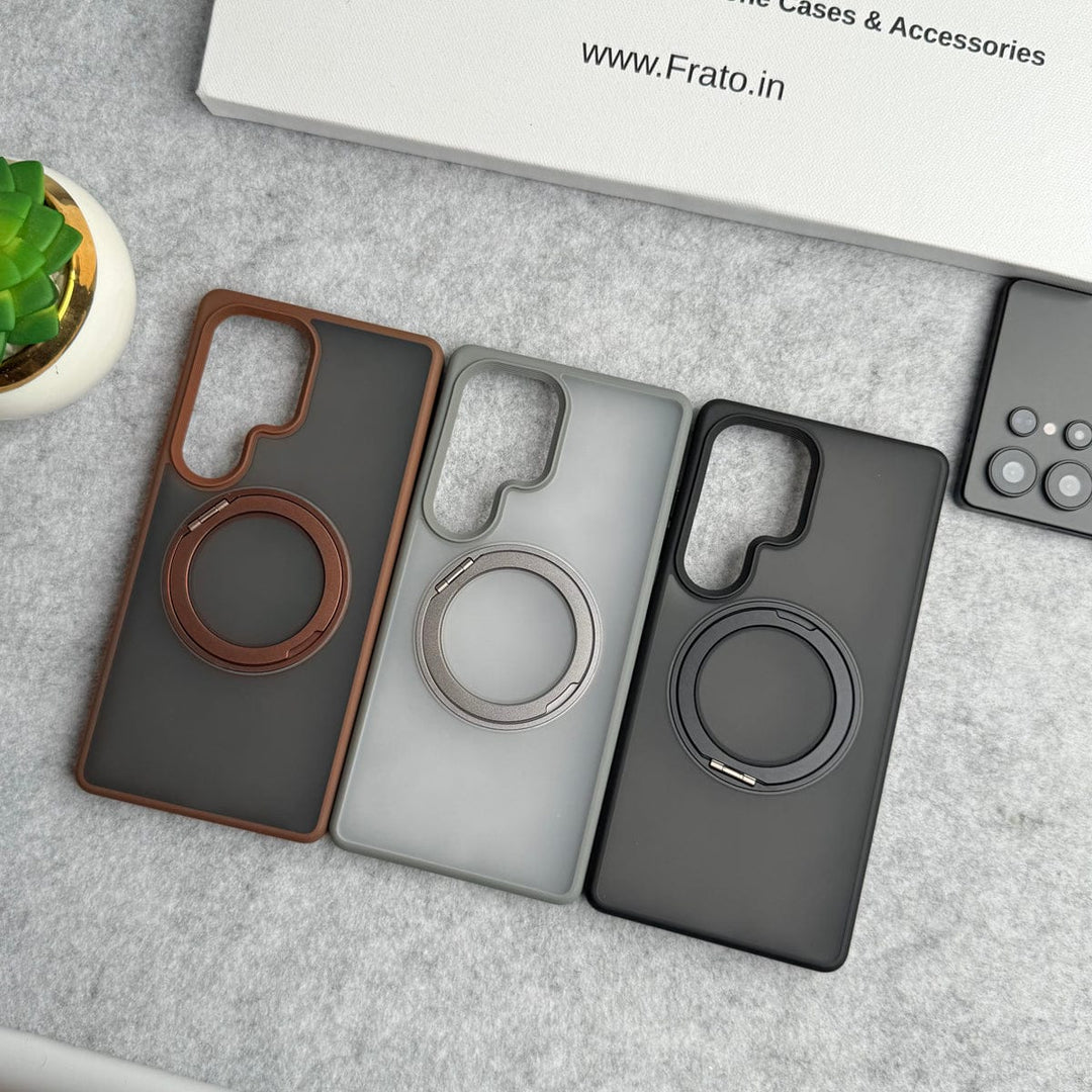 FRATO Samsung S25U Samsung Galaxy S25 Ultra Rubberized Smoke Cover With 360 Rotating Metal Stand