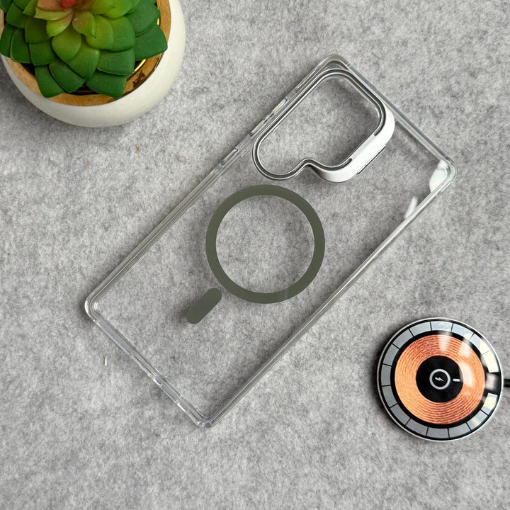 FRATO Samsung S25U Samsung Galaxy S25 Ultra Transparent MagSafe Cover With Metal Camera Bump Kick Stand