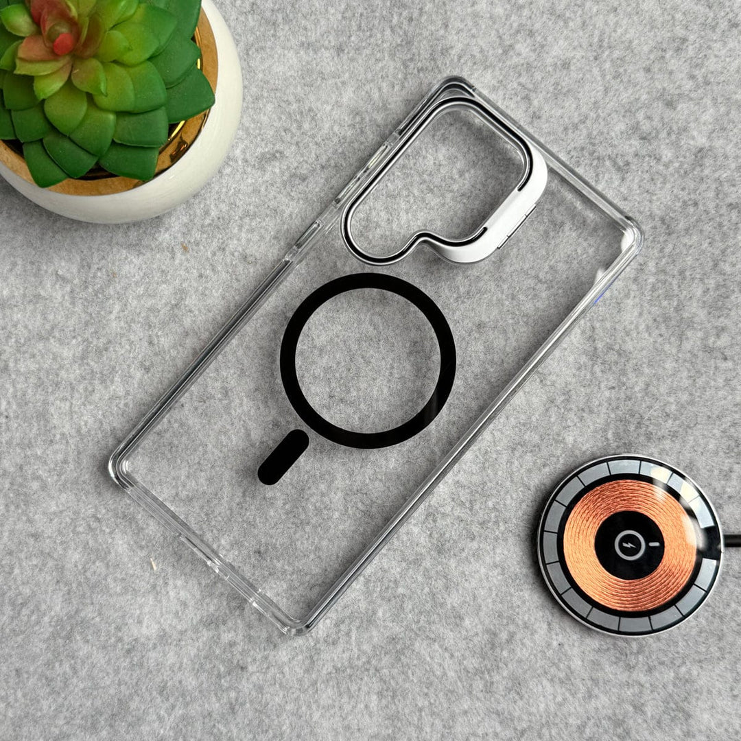 FRATO Samsung S25U Samsung Galaxy S25 Ultra Transparent MagSafe Cover With Metal Camera Bump Kick Stand