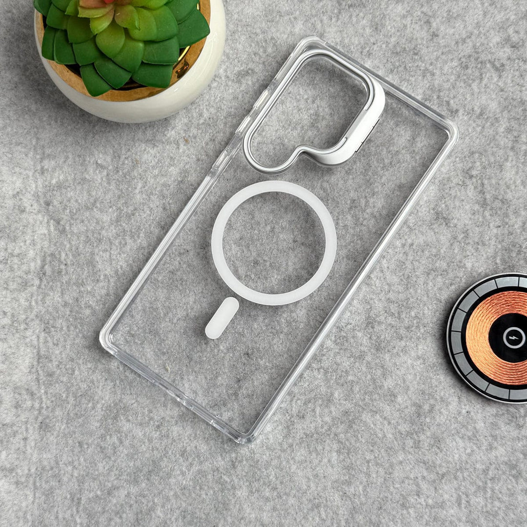 FRATO Samsung S25U Samsung Galaxy S25 Ultra Transparent MagSafe Cover With Metal Camera Bump Kick Stand
