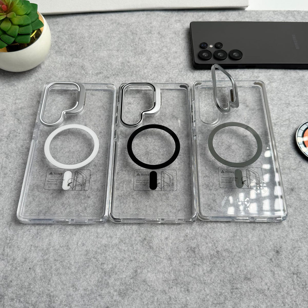 FRATO Samsung S25U Samsung Galaxy S25 Ultra Transparent MagSafe Cover With Metal Camera Bump Kick Stand