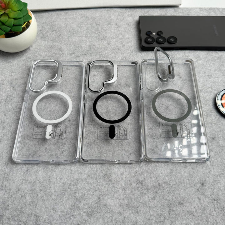 FRATO Samsung S25U Samsung Galaxy S25 Ultra Transparent MagSafe Cover With Metal Camera Bump Kick Stand