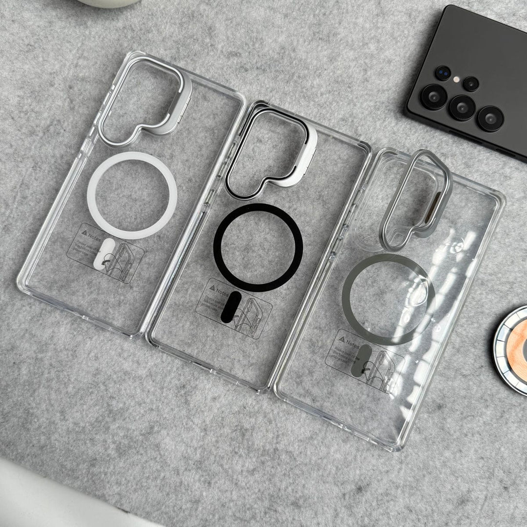 FRATO Samsung S25U Samsung Galaxy S25 Ultra Transparent MagSafe Cover With Metal Camera Bump Kick Stand