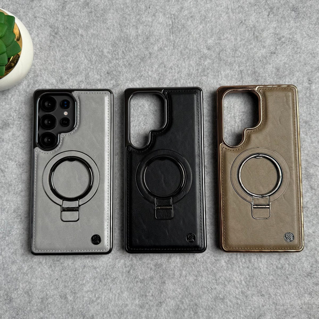 FRATO Samsung S25U Samsung Galaxy Ultra Series PU Leather Chrome Side Case With Ring Metal Stand