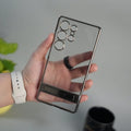 Galaxy S25 Ultra Chrome Plated Transparent Case with Built-in Kickstand | Metallic Frame | Slim Shockproof Cover