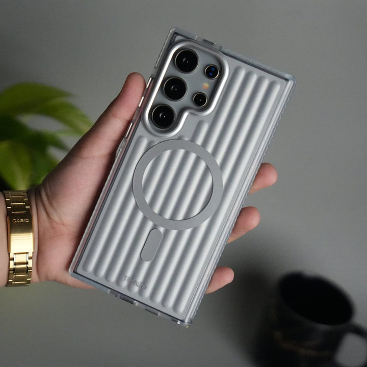 FRATO Samsung S25U Silver Galaxy S25 Ultra MagSafe Suitcase Design Cover | Shockproof Ribbed Back Cover