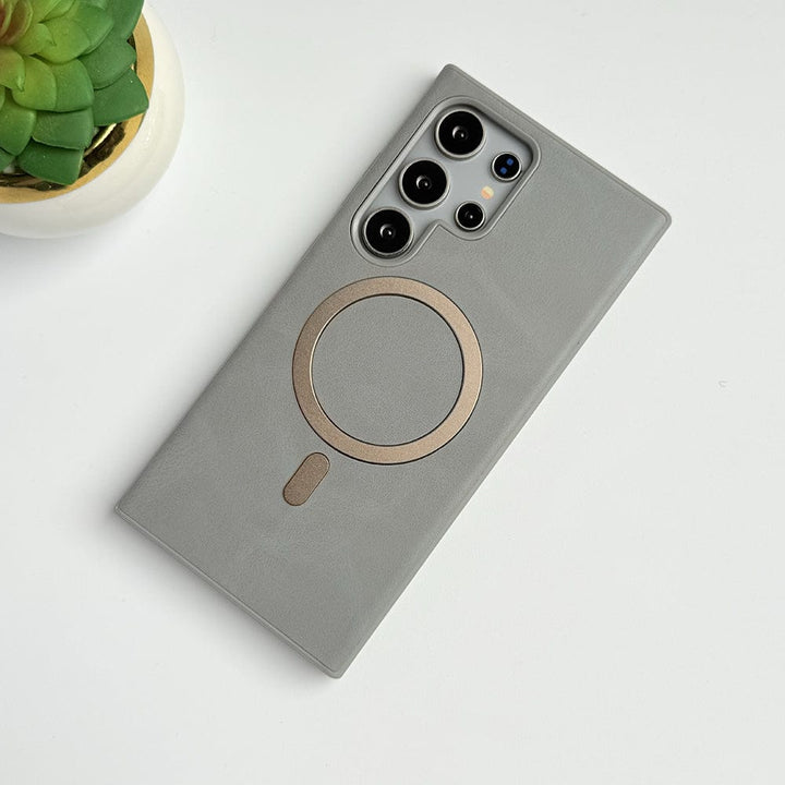 FRATO Samsung S25U Titanium Gray Samsung Galaxy S25 Ultra Premium PU Leather Metal MagSafe Ring Cover