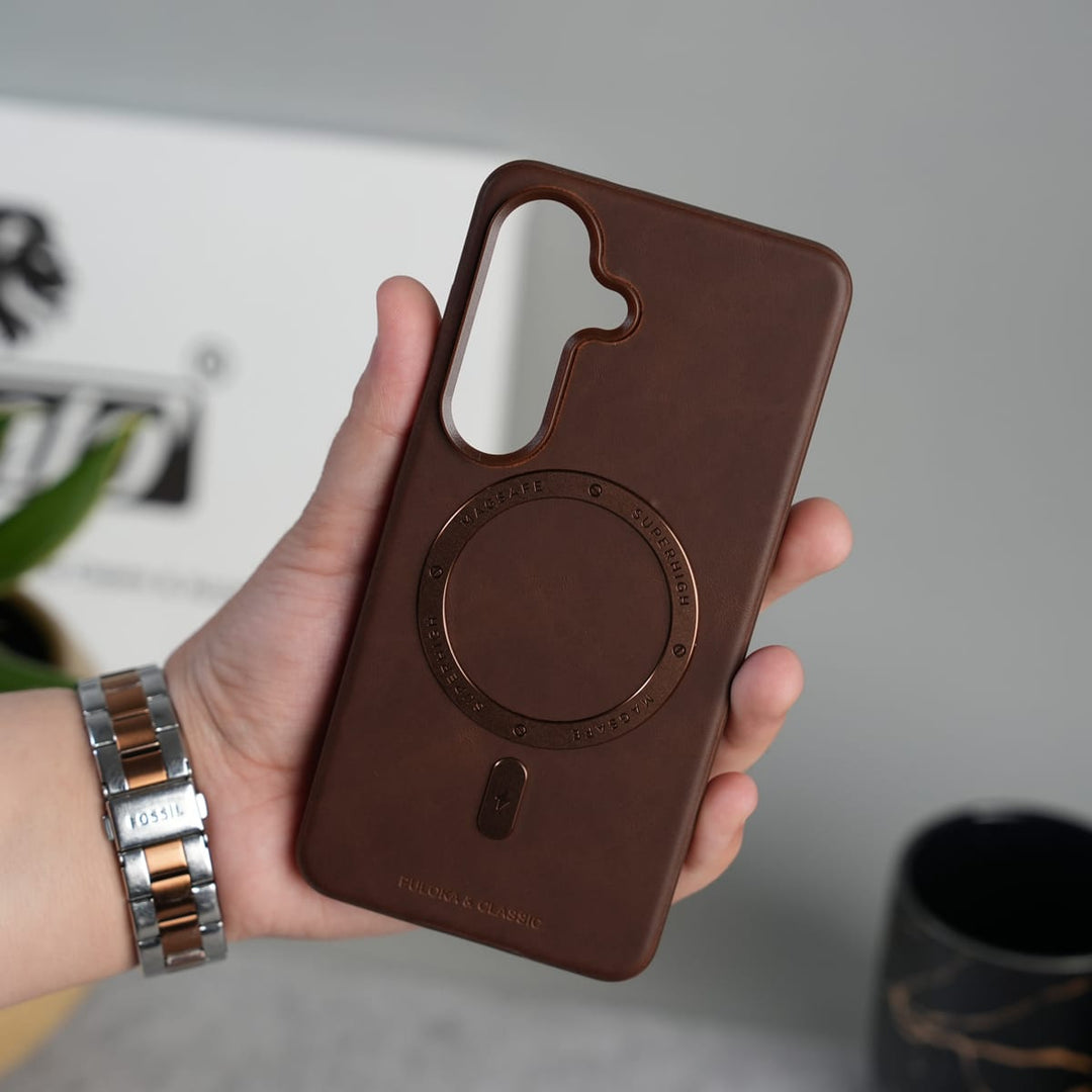 FRATO Samsung S26 Brown Galaxy S26 Premium PU Leather Metal MagSafe Ring Cover