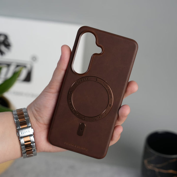 FRATO Samsung S26 Brown Galaxy S26 Premium PU Leather Metal MagSafe Ring Cover