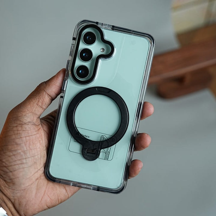 FRATO Samsung S26 Clear Case for Samsung Galaxy S26 | Metal Camera Frame &amp; 360° Rotating Stand Protective Cover
