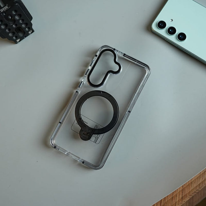 FRATO Samsung S26 Clear Case for Samsung Galaxy S26 | Metal Camera Frame &amp; 360° Rotating Stand Protective Cover