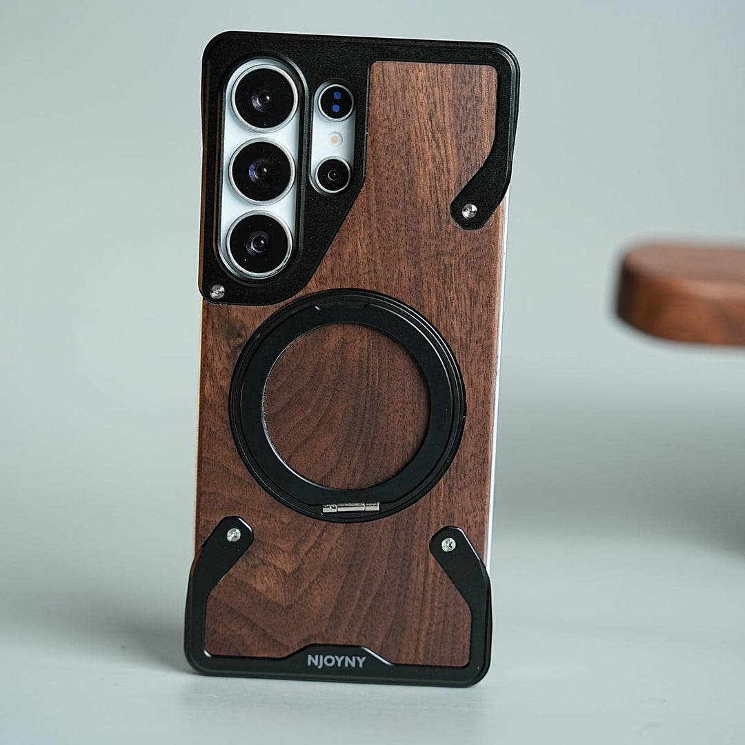 FRATO Samsung S26 Ultra Black Frameless Wooden Aluminium Case for Samsung Galaxy S26 Ultra | Premium Metal Rotating Stand | Shockproof Luxury Wood Back Cover