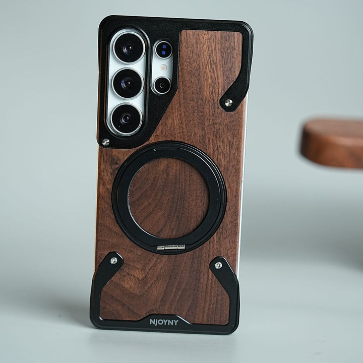 FRATO Samsung S26 Ultra Black Frameless Wooden Aluminium Case for Samsung Galaxy S26 Ultra | Premium Metal Rotating Stand | Shockproof Luxury Wood Back Cover
