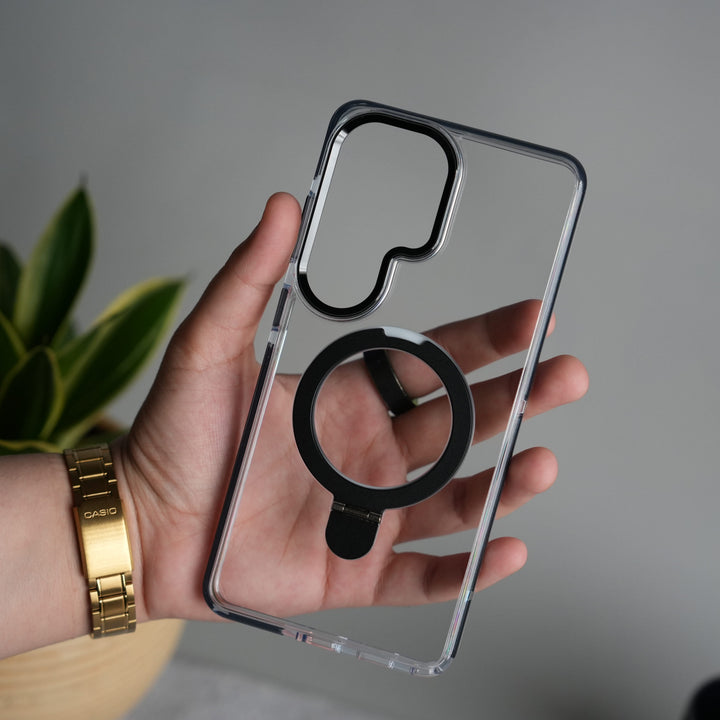 FRATO Samsung S26 Ultra Black Galaxy S26 Ultra Clear MagSafe Kickstand Case | Transparent Shockproof Slim Cover with Metal Ring Stand