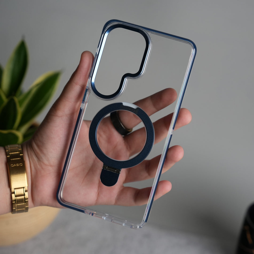 FRATO Samsung S26 Ultra Blue Galaxy S26 Ultra Clear MagSafe Kickstand Case | Transparent Shockproof Slim Cover with Metal Ring Stand