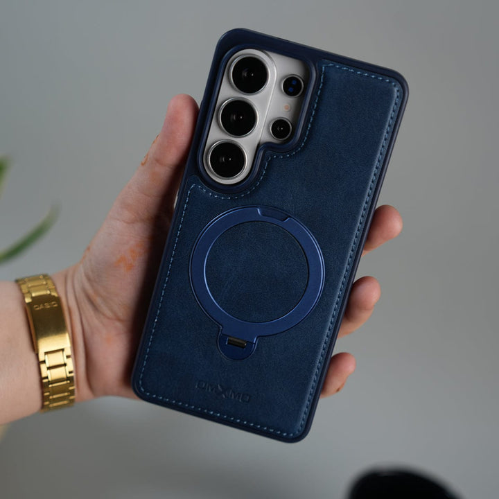 FRATO Samsung S26 Ultra Blue Galaxy S26 Ultra Leather Case | Luxury Metal Ring Stand Back Cover | Shockproof Protective Case