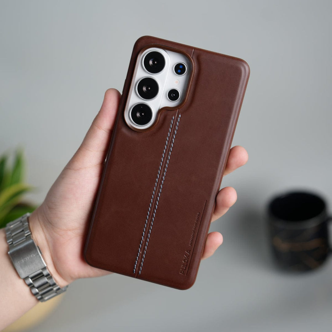 FRATO Samsung S26 Ultra Brown Galaxy S26 Ultra Leather Case | Classic Middle Stitched PU Back Cover
