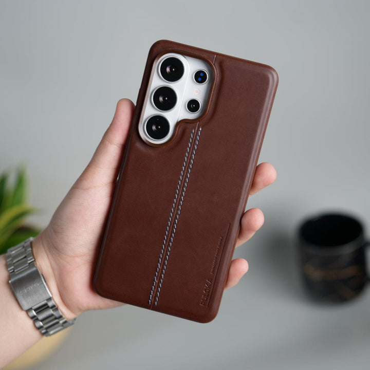 FRATO Samsung S26 Ultra Brown Galaxy S26 Ultra Leather Case | Classic Middle Stitched PU Back Cover