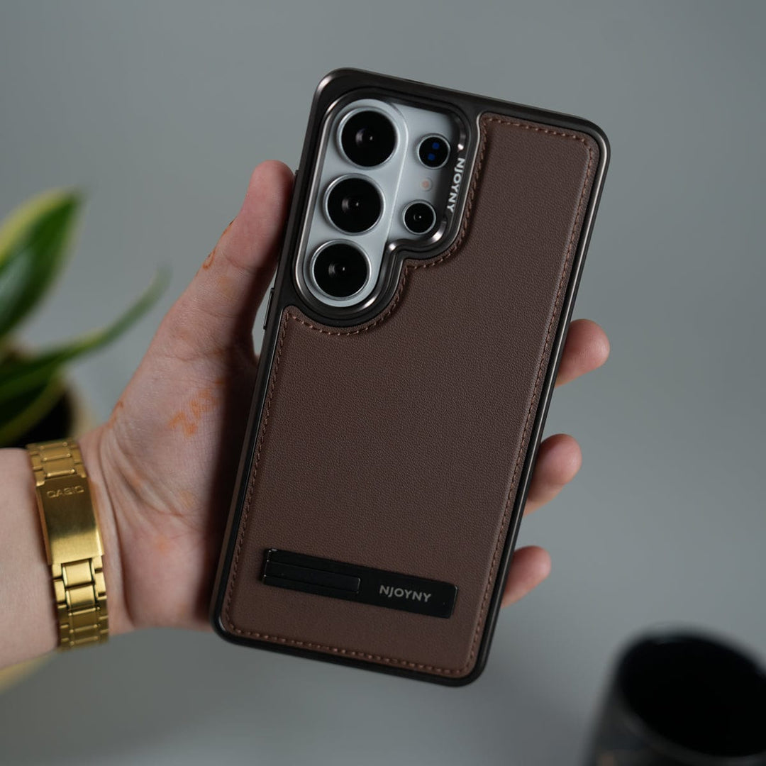 FRATO Samsung S26 Ultra Brown Galaxy S26 Ultra Leather Mate Chrome Plated Kick Stand Case Cover