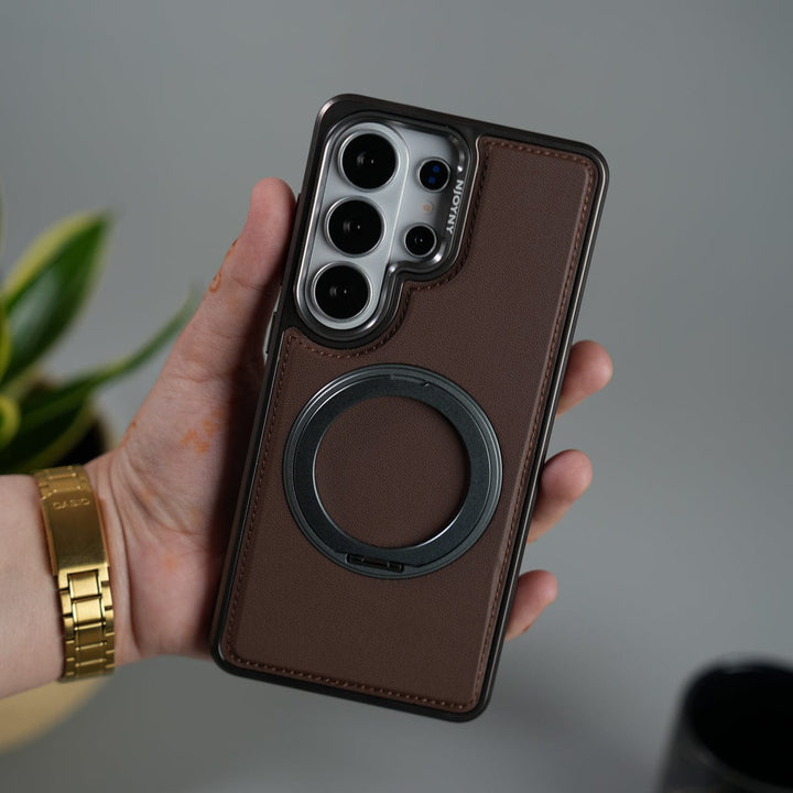 FRATO Samsung S26 Ultra Brown Galaxy S26 Ultra Leather Mate Chrome Plated Rotating Stand Case Cover