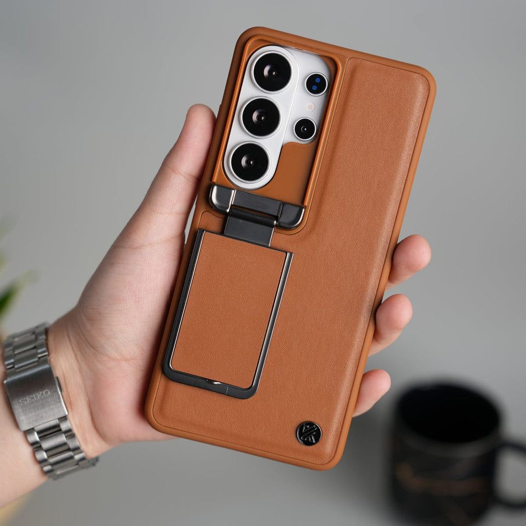 FRATO Samsung S26 Ultra Brown Galaxy S26 Ultra Metal Camera Cap with Stand Cover