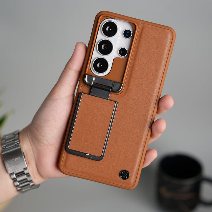 FRATO Samsung S26 Ultra Brown Galaxy S26 Ultra Metal Camera Cap with Stand Cover
