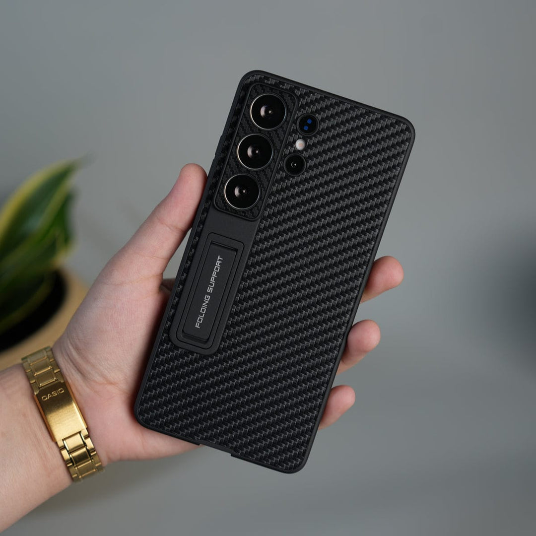 FRATO Samsung S26 Ultra Carbon fiber Texture Galaxy S26 Ultra Leather Texture Case with Folding Stand &amp; Camera Protection | Shockproof Slim Cover