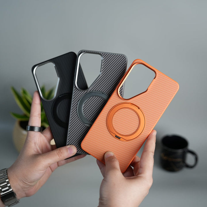 FRATO Samsung S26 Ultra Galaxy S26 Ultra Carbon Textured Metal Camera Ring and Rotating Kick Stand Case