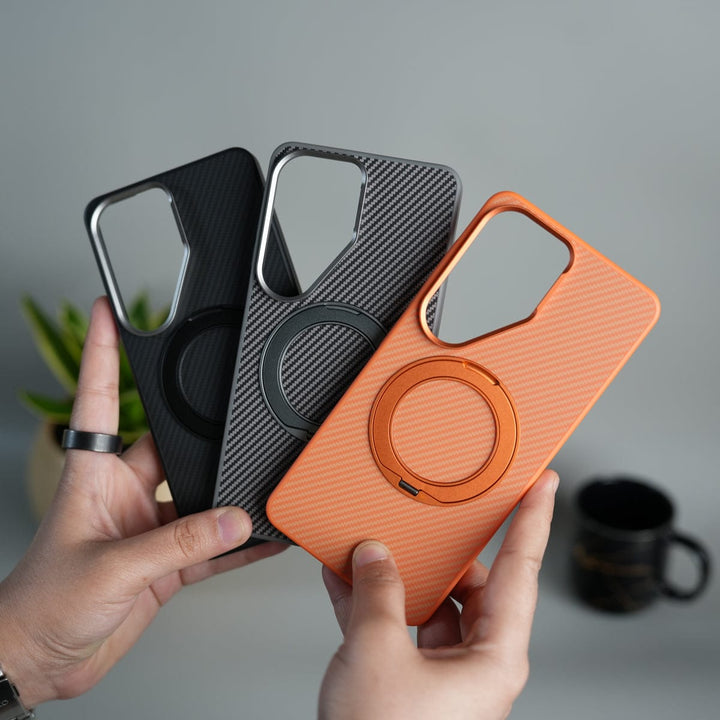 FRATO Samsung S26 Ultra Galaxy S26 Ultra Carbon Textured Metal Camera Ring and Rotating Kick Stand Case