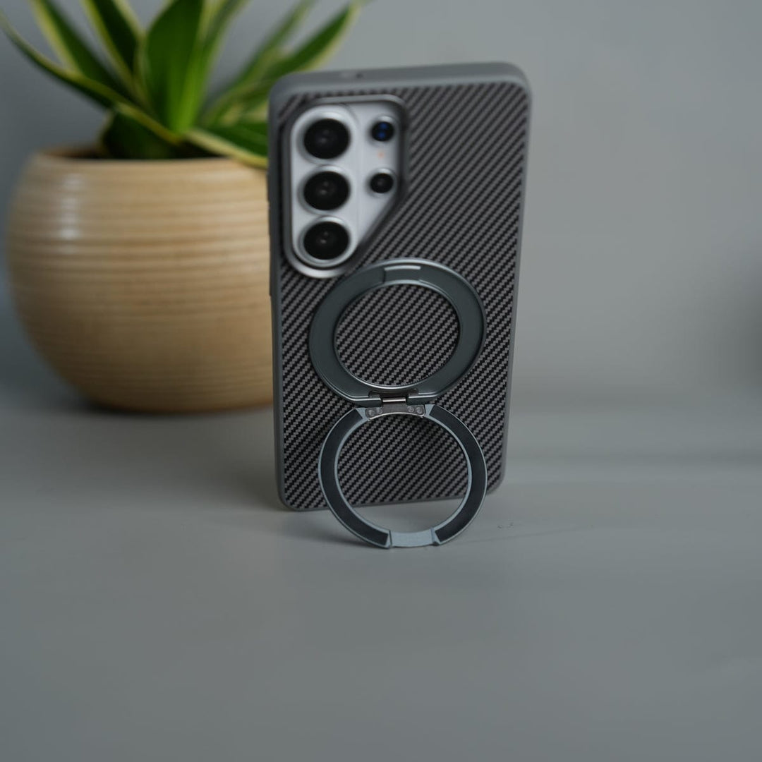 FRATO Samsung S26 Ultra Galaxy S26 Ultra Carbon Textured Metal Camera Ring and Rotating Kick Stand Case