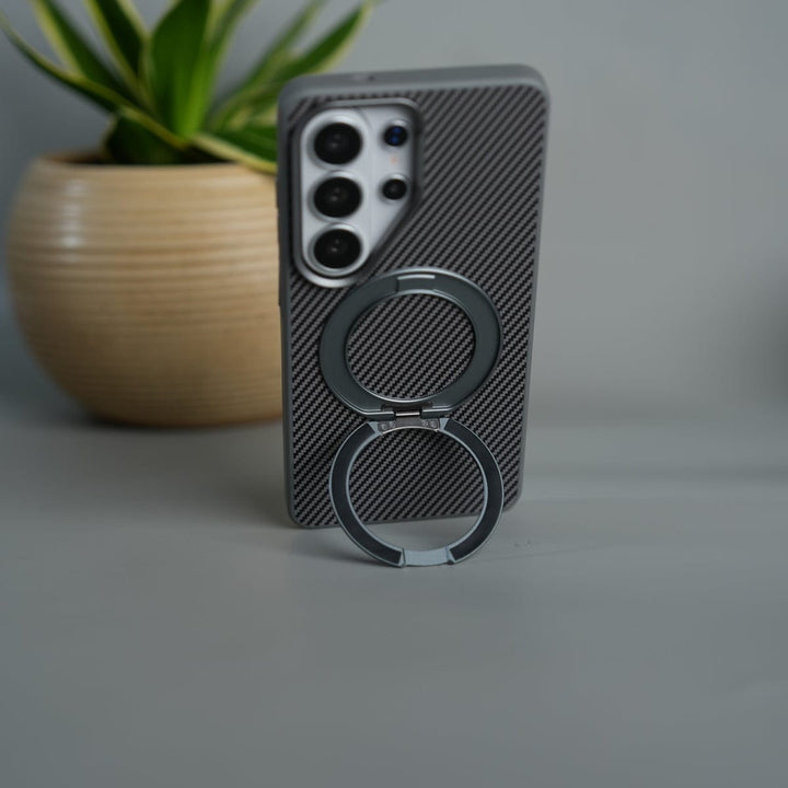FRATO Samsung S26 Ultra Galaxy S26 Ultra Carbon Textured Metal Camera Ring and Rotating Kick Stand Case