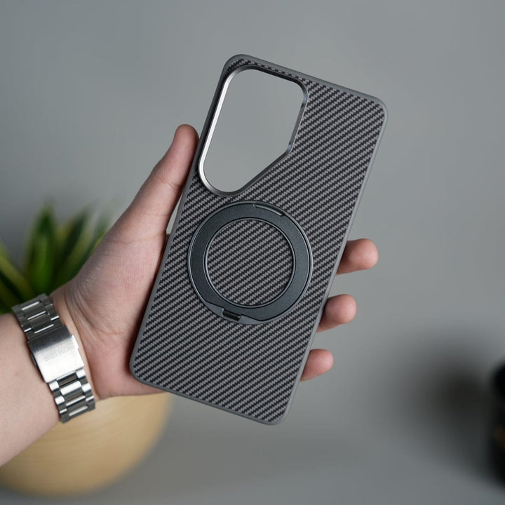 FRATO Samsung S26 Ultra Galaxy S26 Ultra Carbon Textured Metal Camera Ring and Rotating Kick Stand Case